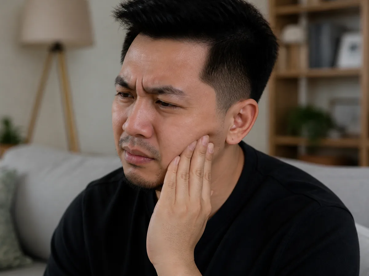 Patient holding jaw while reviewing swelling and bite symptoms by phone