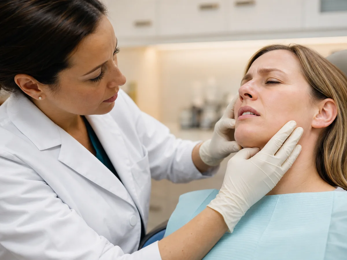 Dentist checking bite alignment and jaw movement after urgent jaw pain