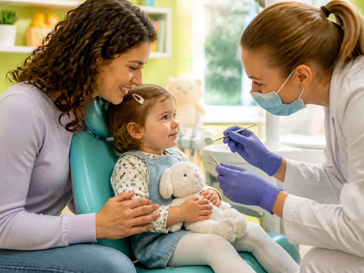 Pediatric dentist counting a toddler's first teeth with a parent nearby