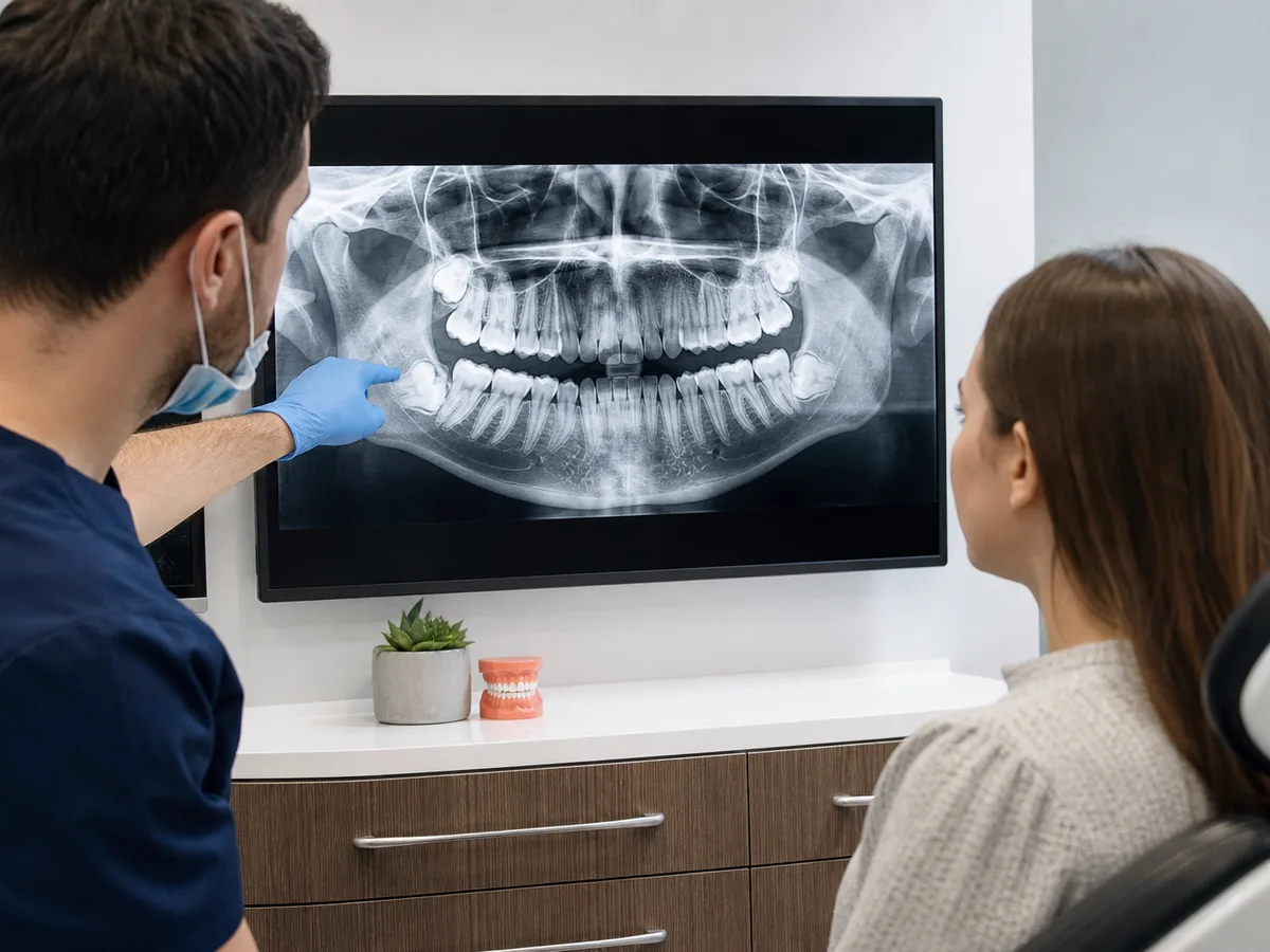 Oral surgeon pointing to an impacted wisdom tooth on a dental radiograph