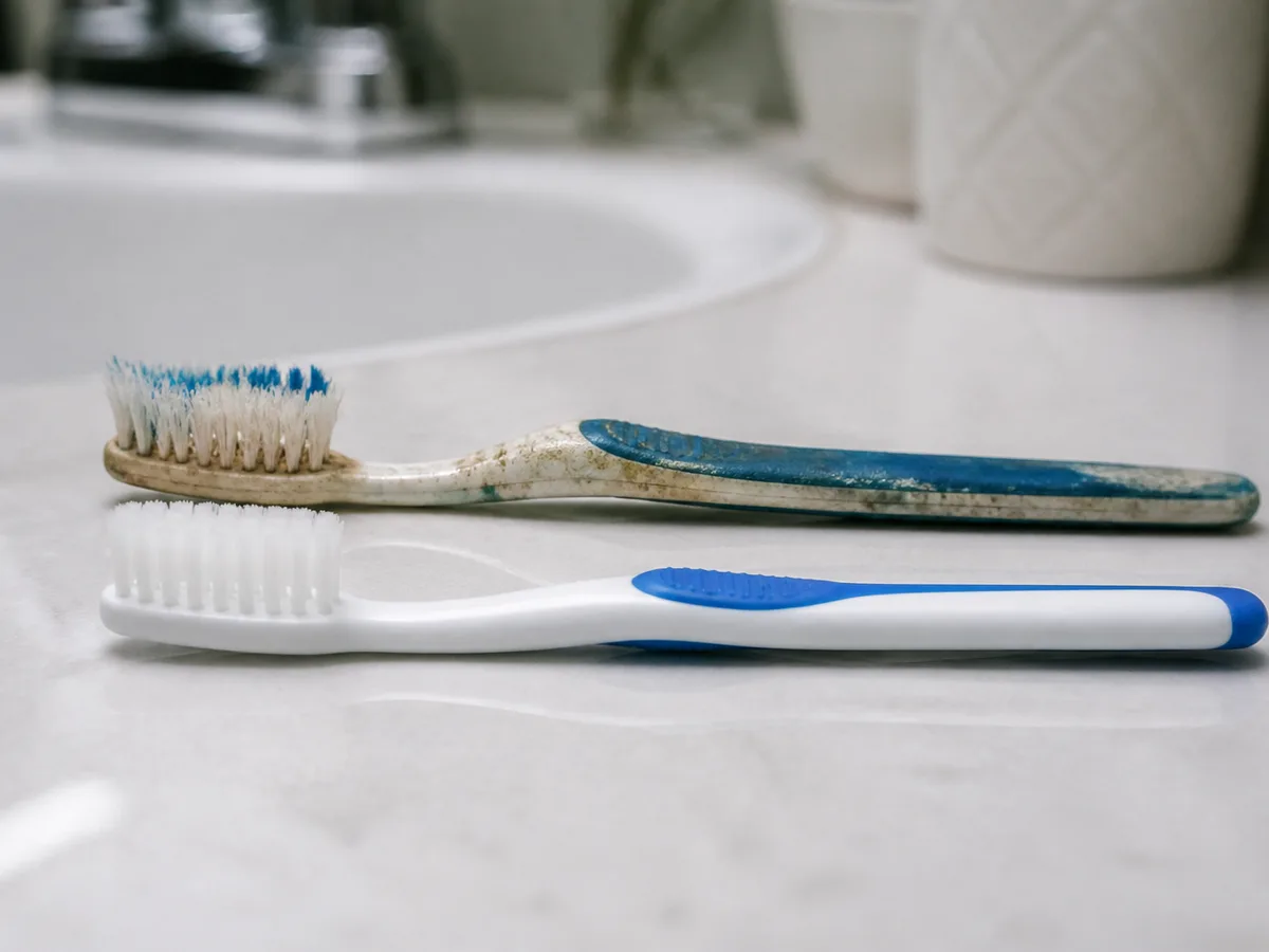 Comparing a new soft toothbrush head with a worn flared brush