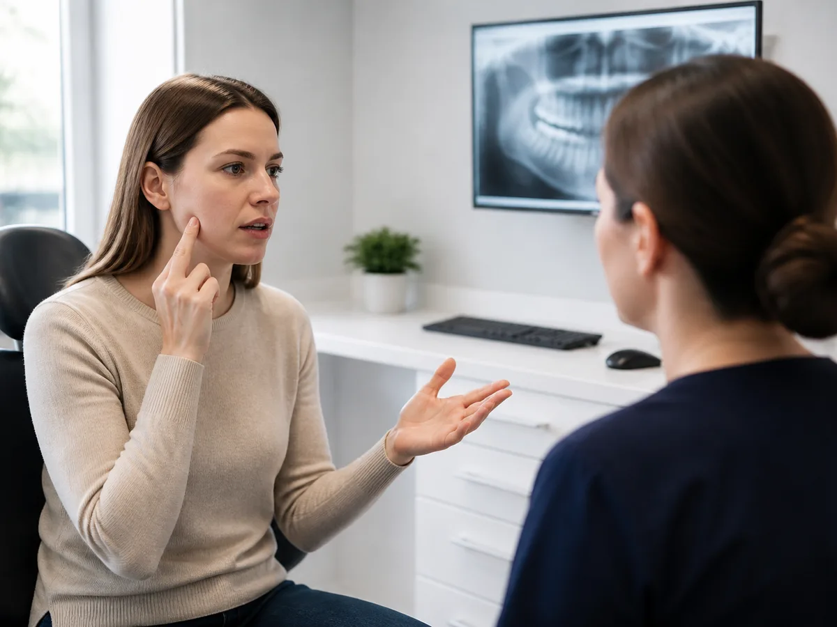 Dentist observing jaw path and listening for painful clicking during exam