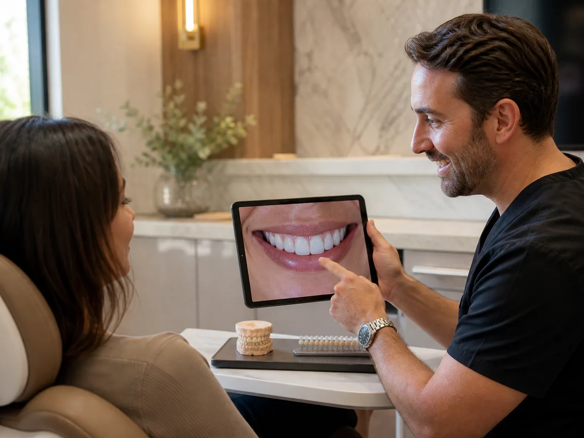 Dentist reviewing gum chart and smile photos for veneer candidacy