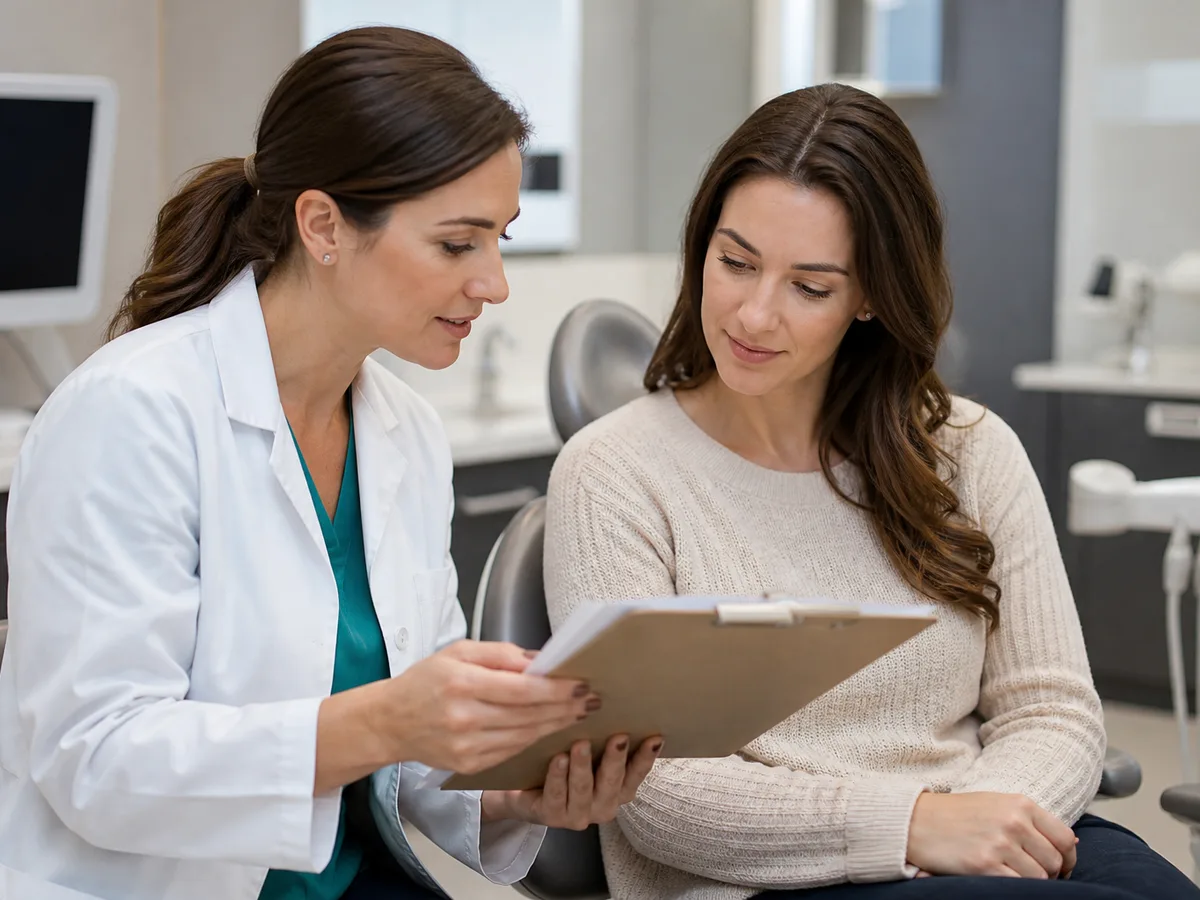 Patient sharing a printed medication and condition list during a dental sedation screening visit
