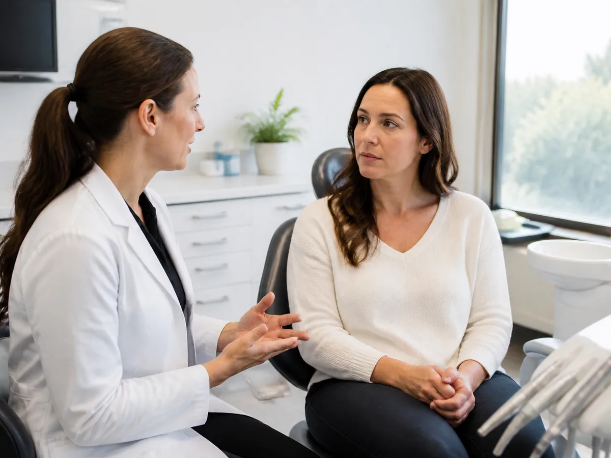 Oral surgeon and patient discussing hospital versus office sedation settings after medical review