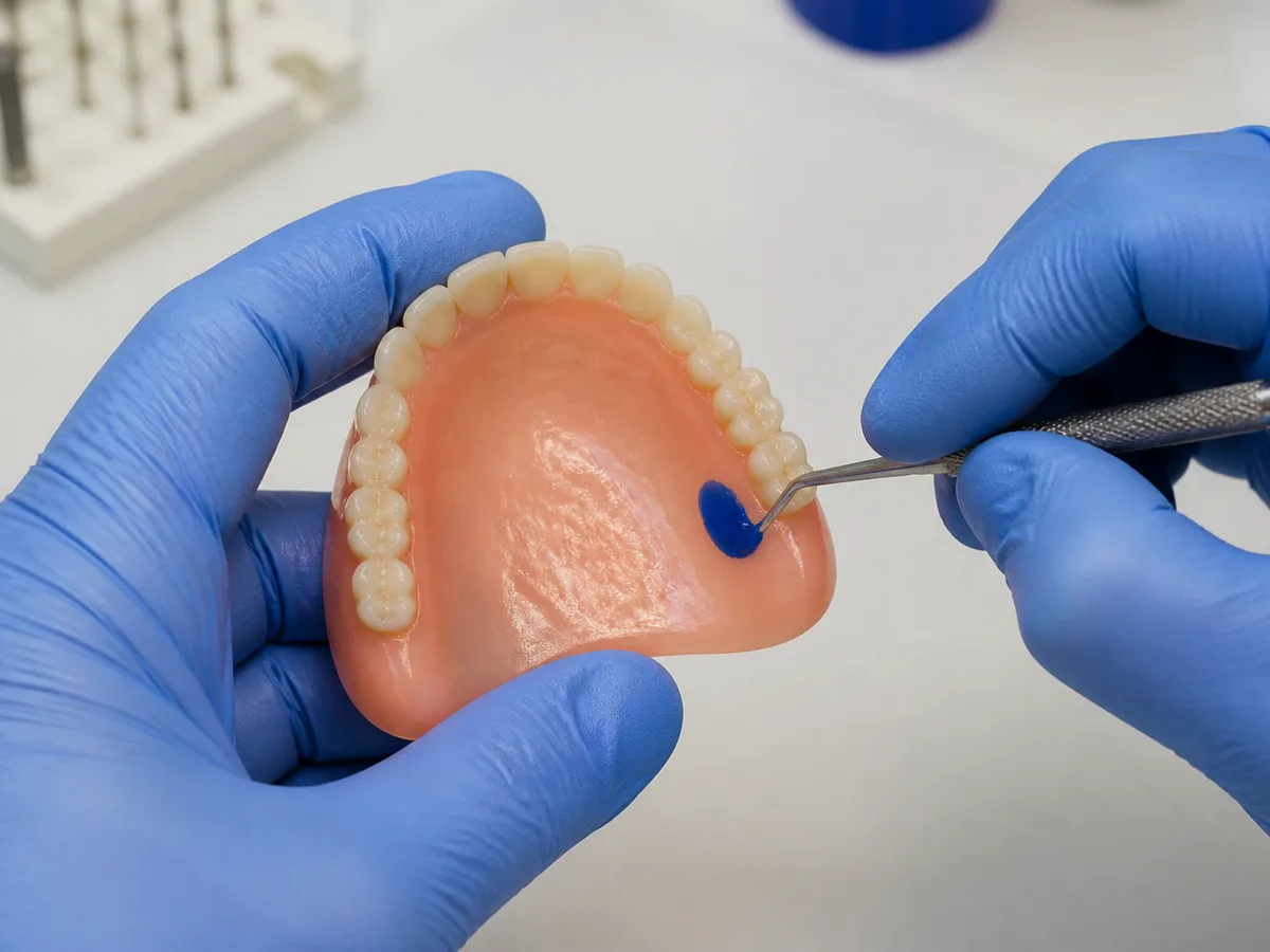 Close view of pressure paste highlighting a denture sore spot for adjustment