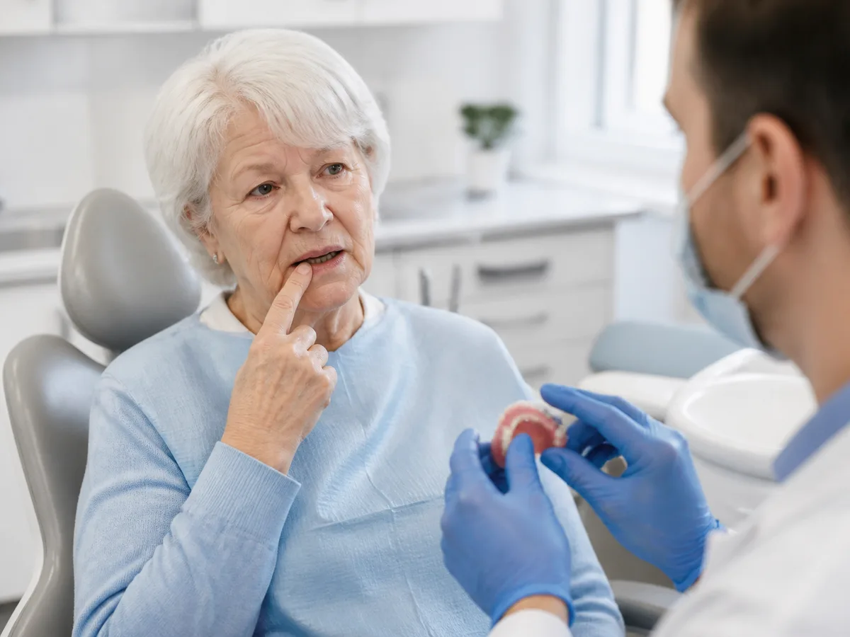 Patient describing gum soreness while dentist evaluates denture bite balance