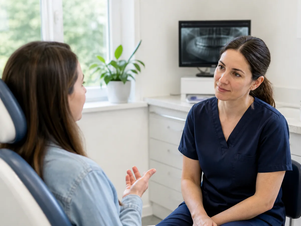 Dentist listening without judgment as a patient explains past dental fear