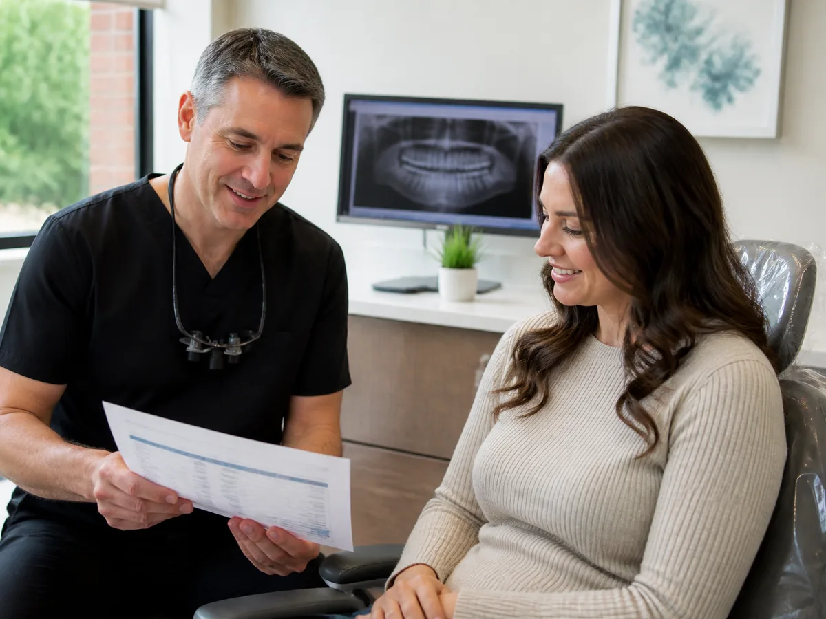 Dentist and patient discussing out-of-pocket options after a partial coverage estimate