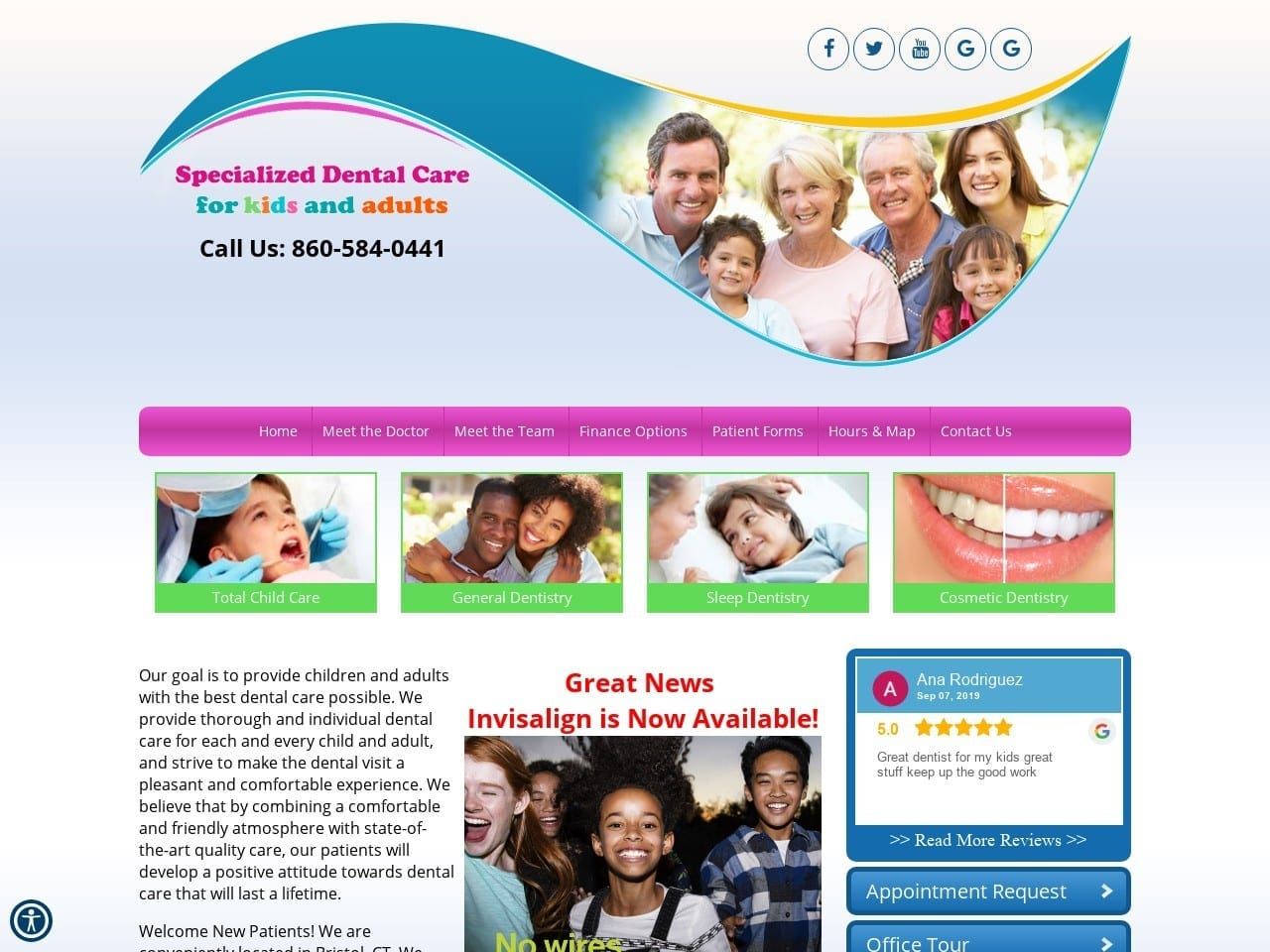 Kids Dental Care Bristol & Windsor CT Website Screenshot from 877kids.com