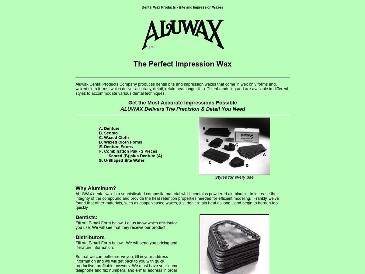 Aluwax Dental Products Website Screenshot from aluwaxdental.com