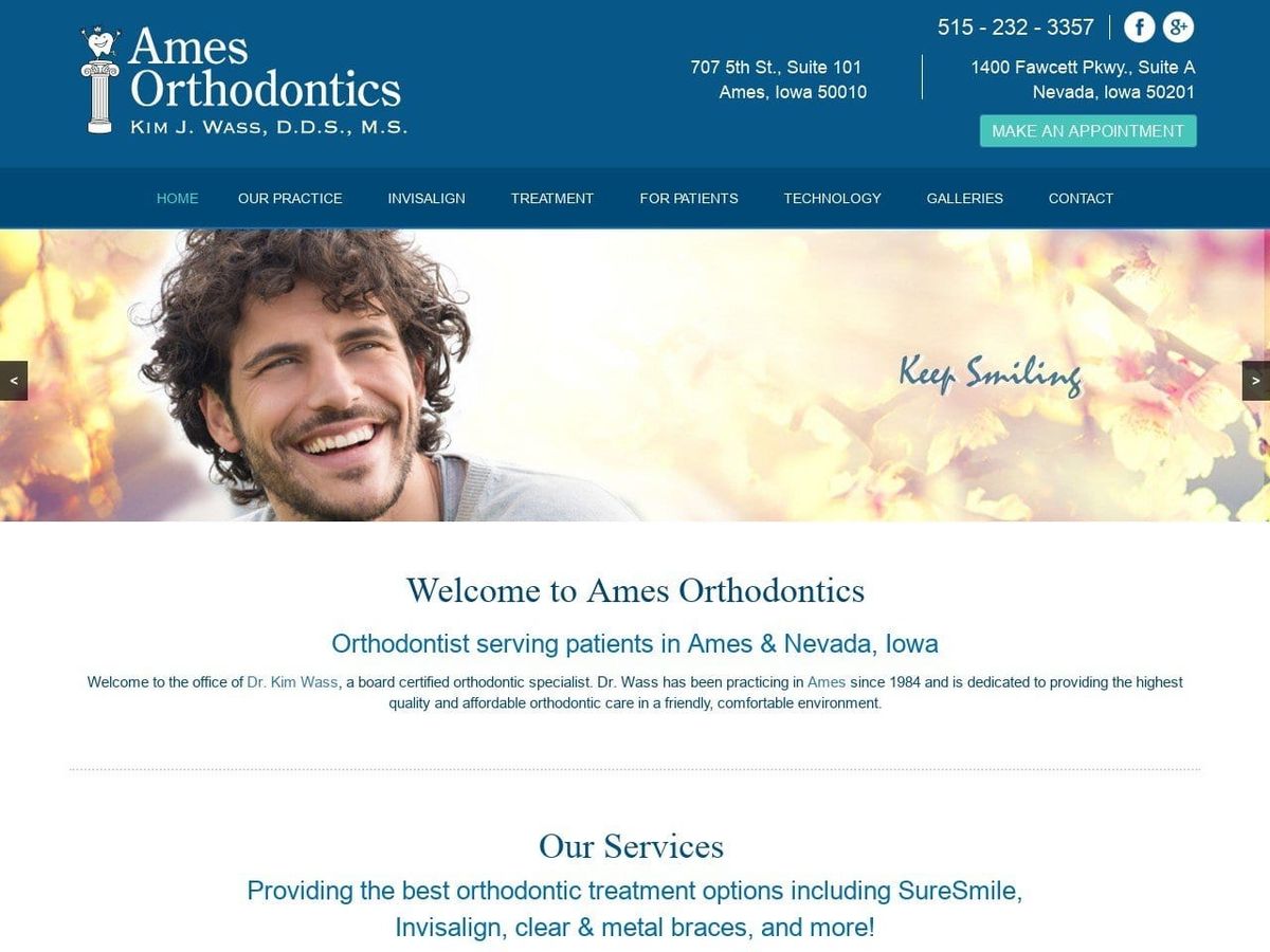 Ames Orthodontics; Kim J. Wass DDS MS Website Screenshot from amesortho.com