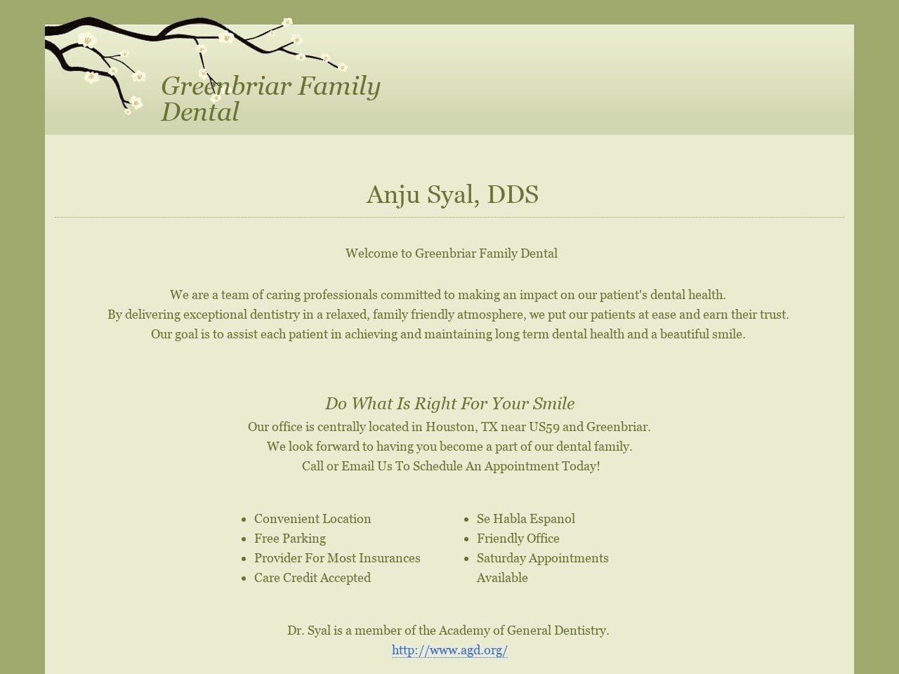 Greenbriar Family Dental Dr. Anju Syal DDS Website Screenshot from anjusyaldds.com