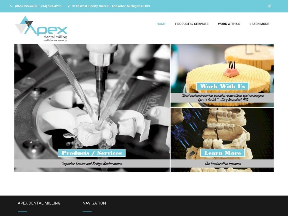 Apex Dental Milling Website Screenshot from apexdentalmilling.com