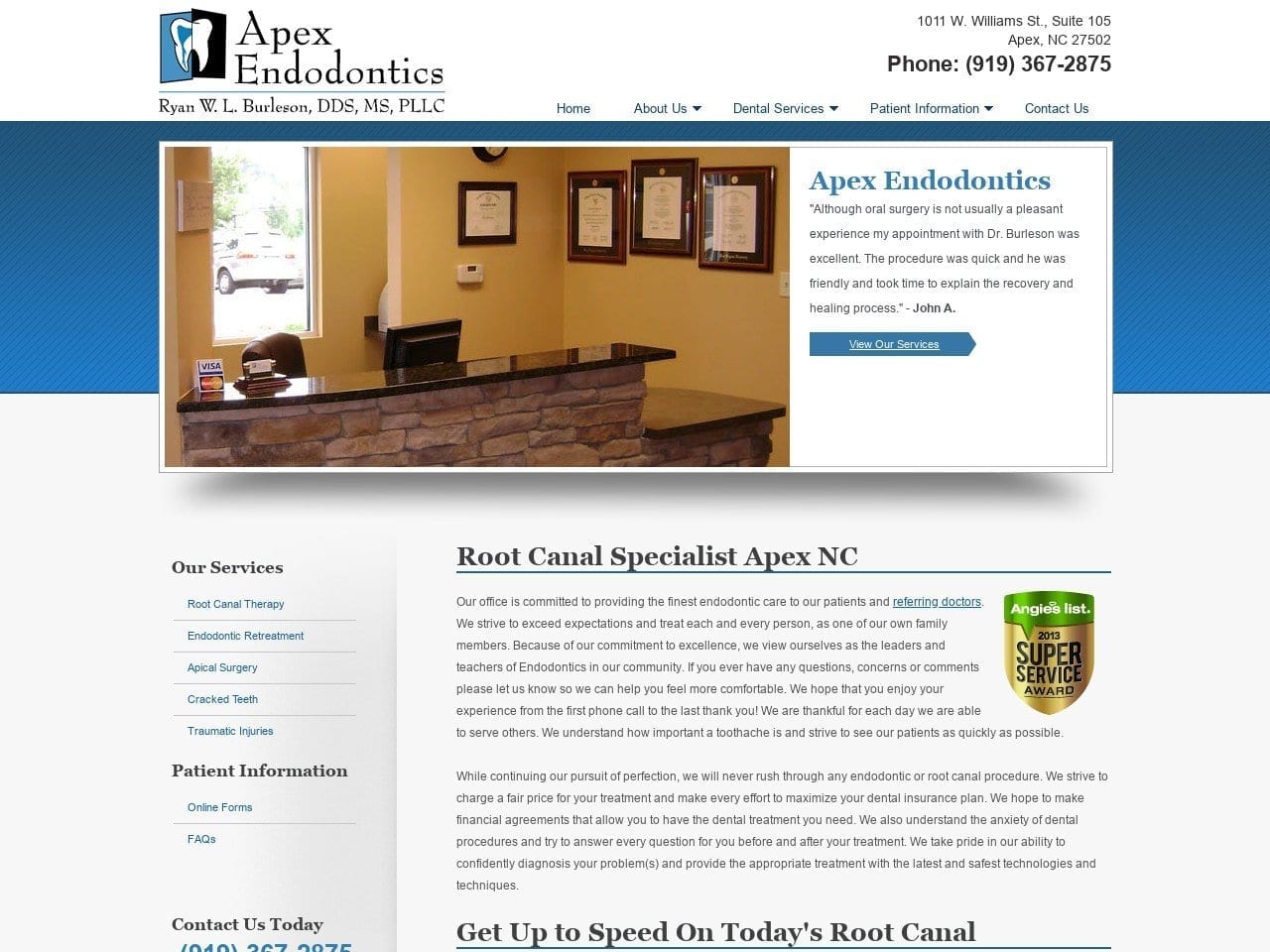 Apex Endodontics Website Screenshot from apexncendo.com