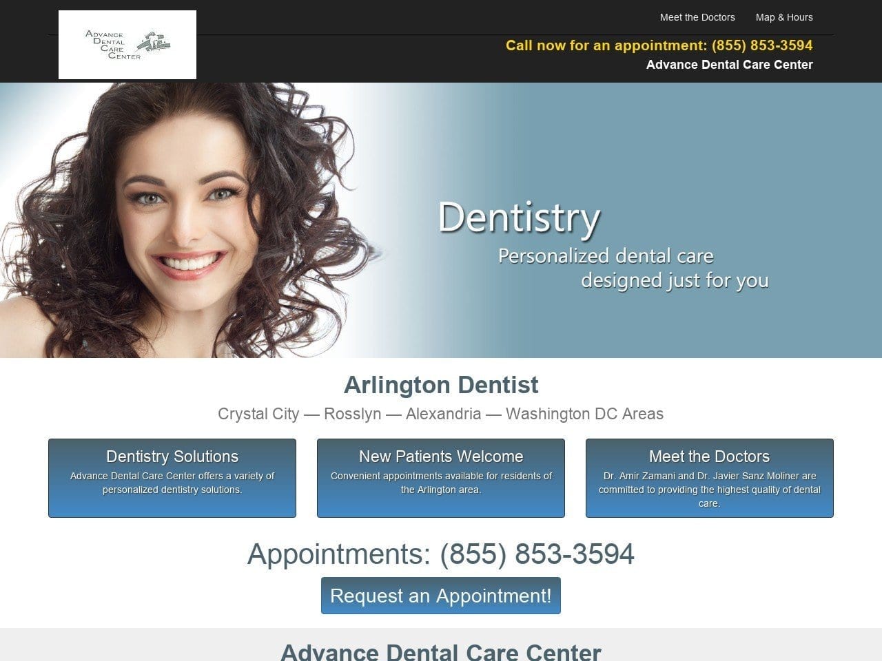 Advance Dental Care Center Website Screenshot from arlingtondentalcare.com