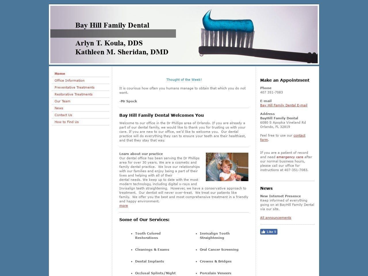Bay Hill Family Dentist Website Screenshot from bayhillfamilydental.com