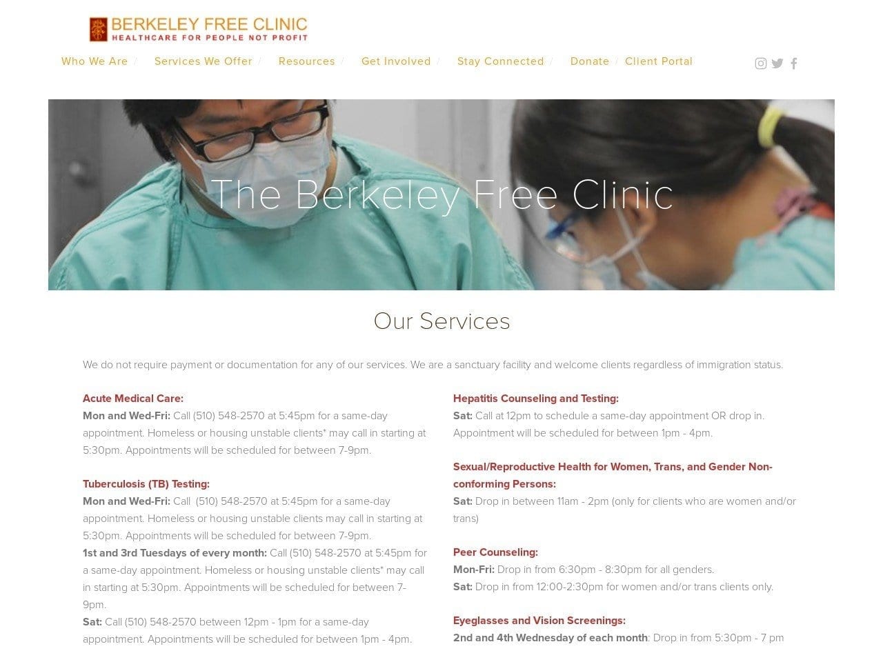 Berkeley Free Clinic Website Screenshot from berkeleyfreeclinic.org