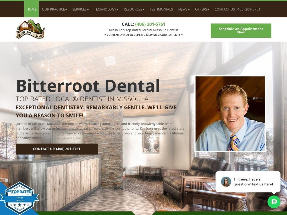 Bitterroot Dental Dr. David B. Duke DMD FICOI Website Screenshot from bitterrootdental.com