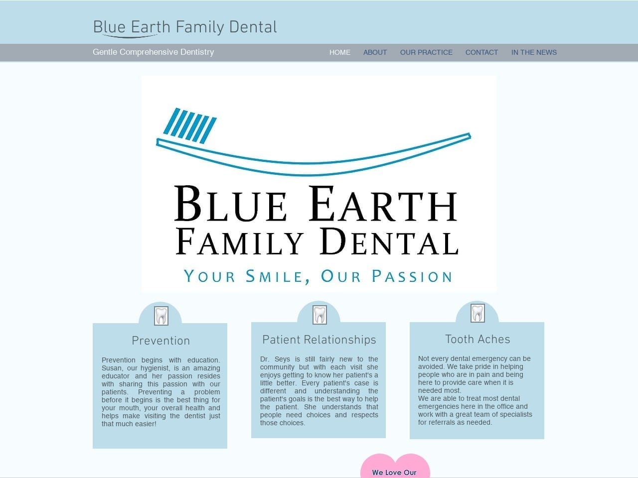 Blue Earth Family Dental Website Screenshot from blueearthfamilydental.com