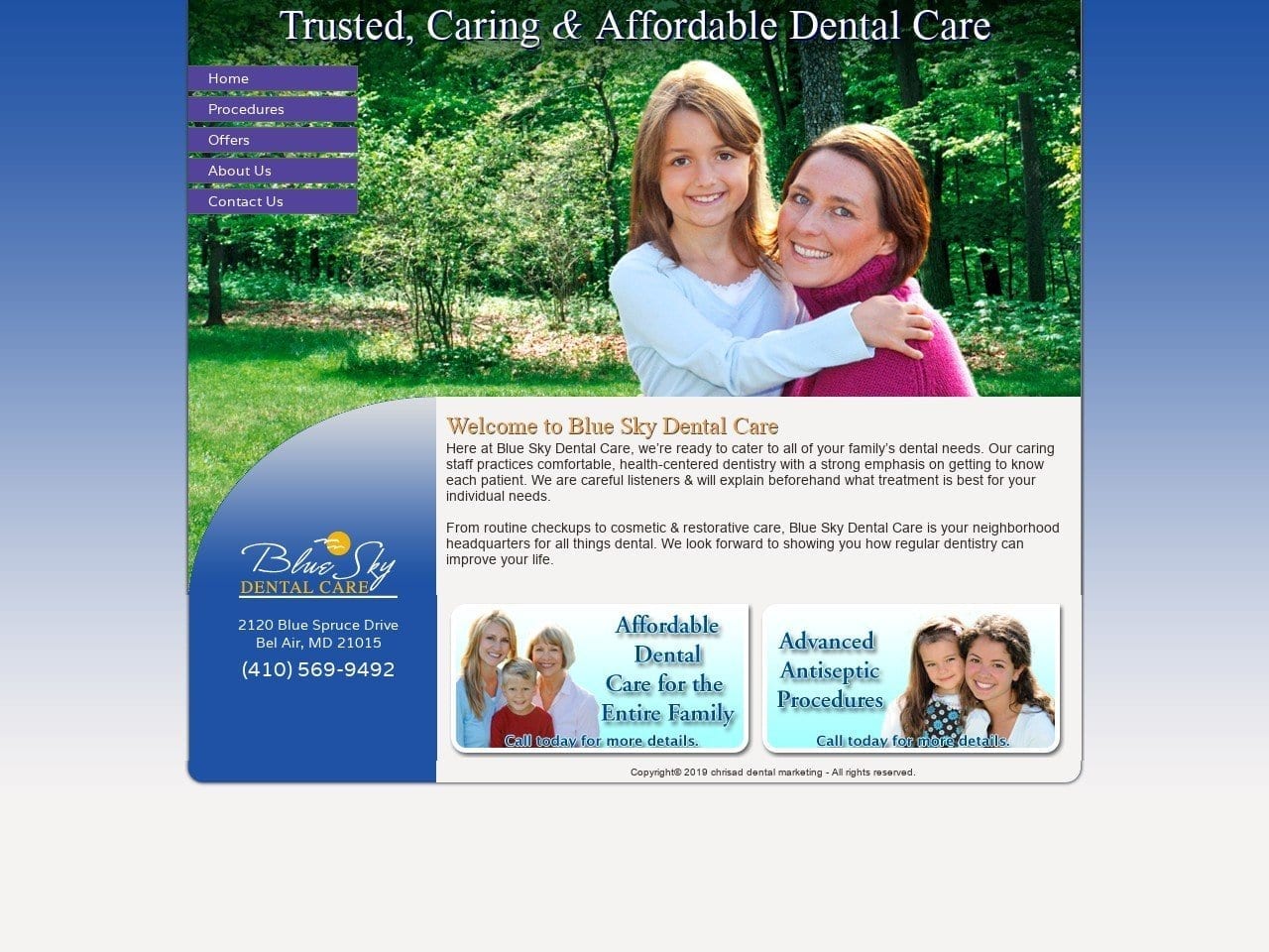 Blue Sky Dental Care Website Screenshot from blueskydentalbelair.com