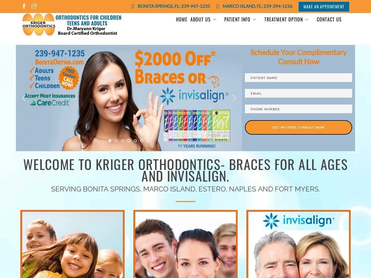 Kriger Orthodontics Website Screenshot from bonitaortho.com