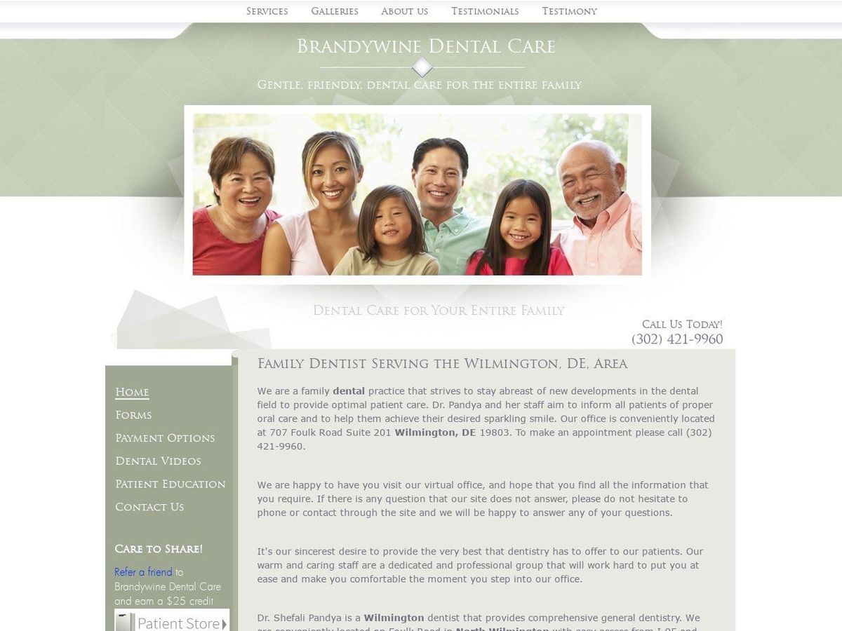 Brandywine Dental Care Website Screenshot from brandywinedentalcarede.com