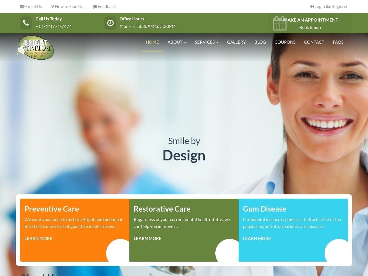 Bright Dental Care Website Screenshot from brightdental-orange.com