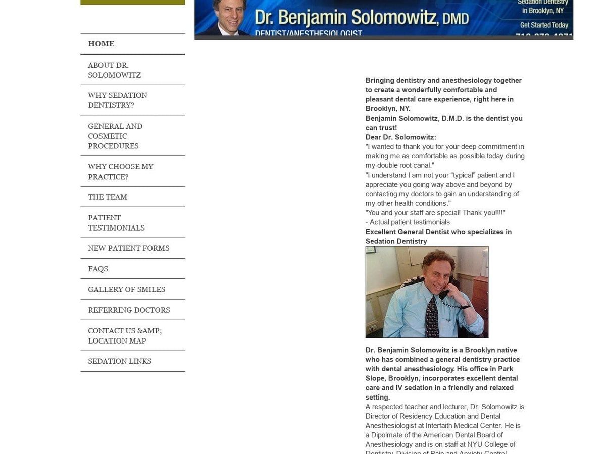 Dr. Benjamin Solomowitz Website Screenshot from brooklynsedationdentist.com