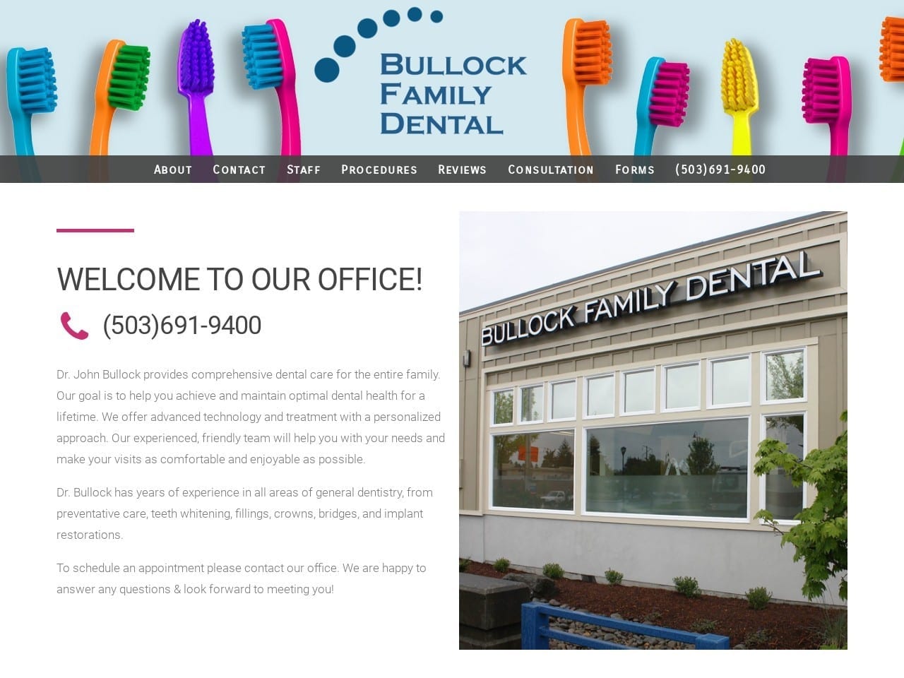 Bullock Family Dental Website Screenshot from bullockfamilydental.com