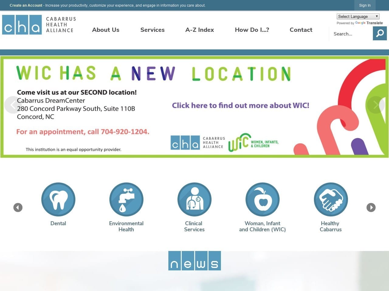 Cabarrus Health Alliance Website Screenshot from cabarrushealth.org