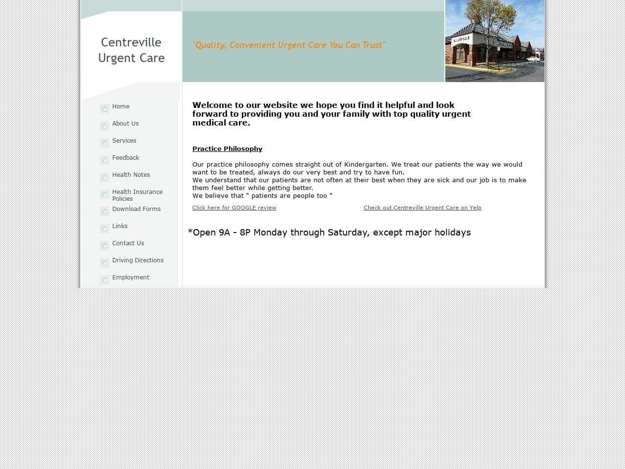 Centreville Urgent Care Website Screenshot from centrevilleurgentcare.com