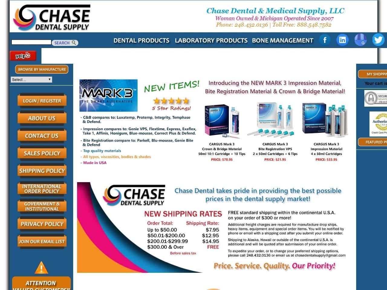 Chase Dental Supply Website Screenshot from chasedentalsupply.com