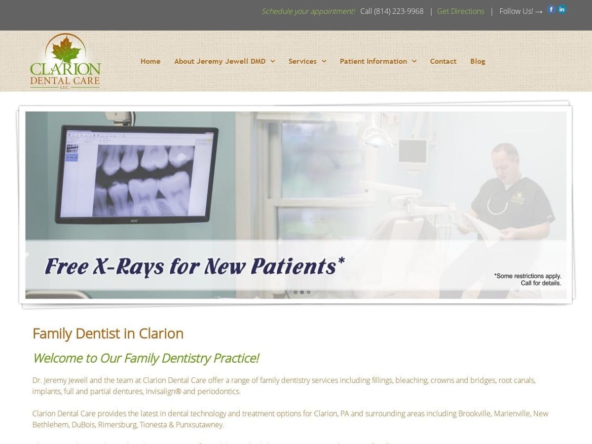 Clarion Dental Care Jeremy Jewell DMD Website Screenshot from clariondentalcare.com