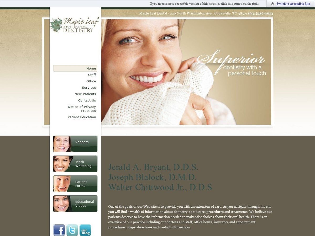 Maple Leaf Implant Dentist Website Screenshot from cookevillesmiles.com