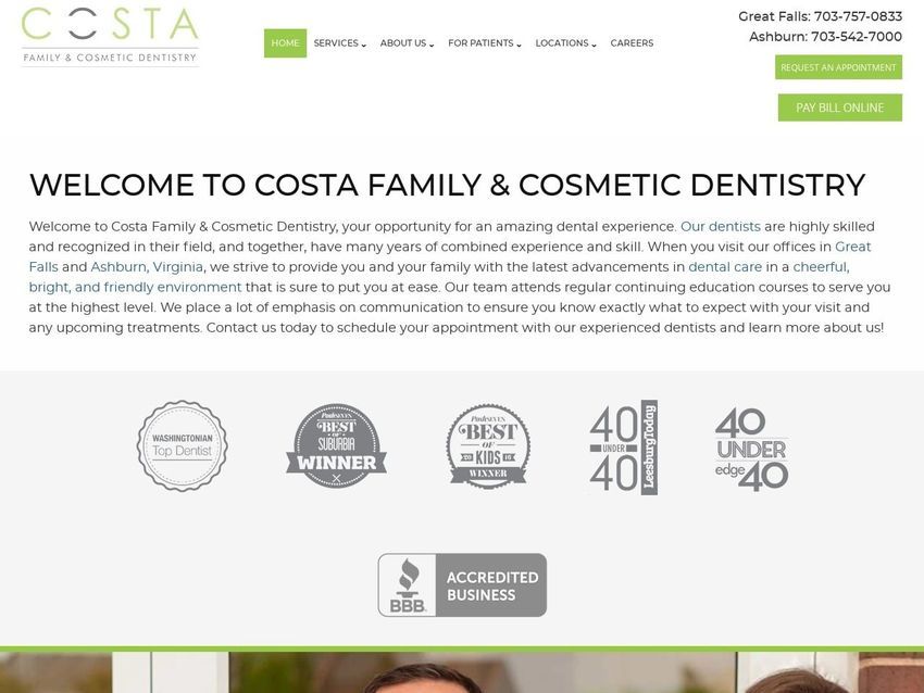 Costa Family & Cosmetic Dentistry Website Screenshot from costasmiles.com