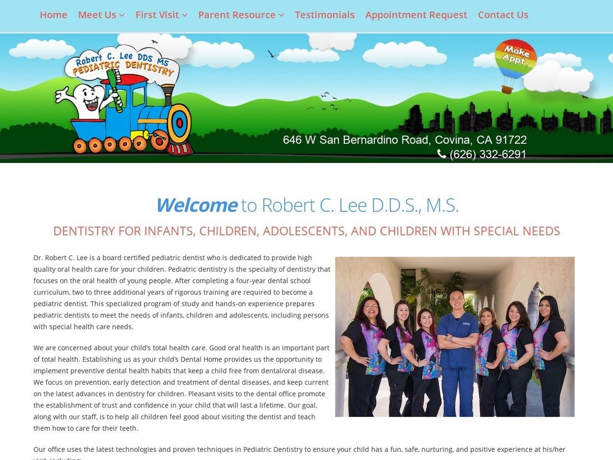 Robert C. Lee D.D.S. M.S. Pediatric Website Screenshot from covinakidsdentist.com