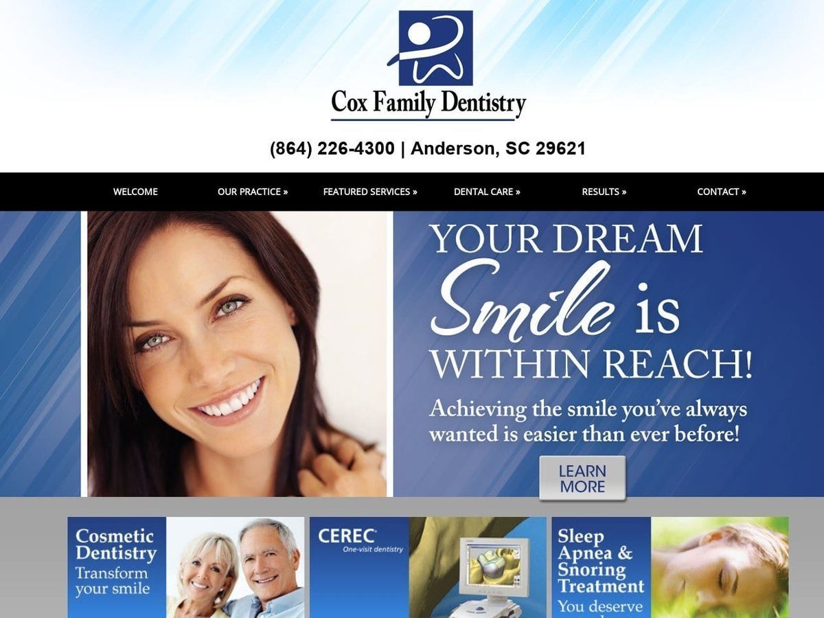Cox Family Dentist Website Screenshot from coxfamilydentistrysc.com