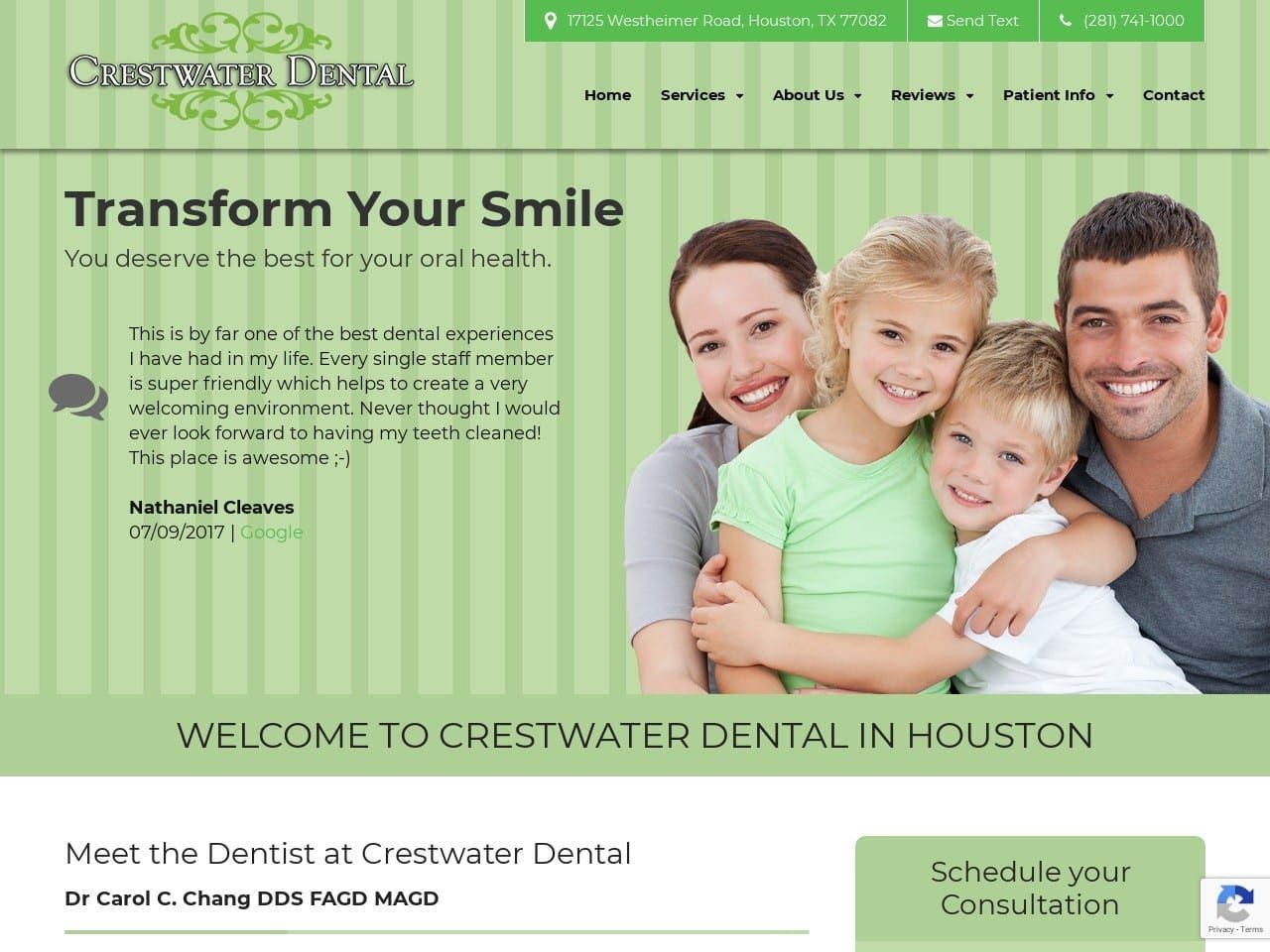 Crestwater Dental Dr Carol C. Chang DDS FAGD Website Screenshot from crestwaterdental.com