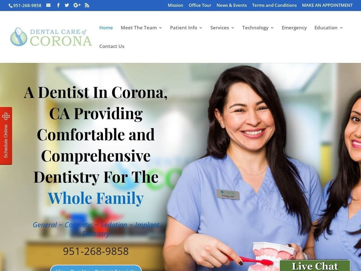 Dental Care of Corona Website Screenshot from dentalcareofcorona.com