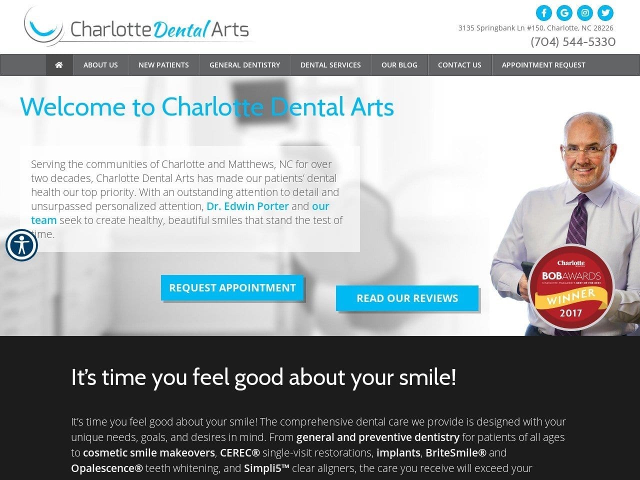 Dr. Edwin Porter DDS FAGD Website Screenshot from dentistryincharlotte.com