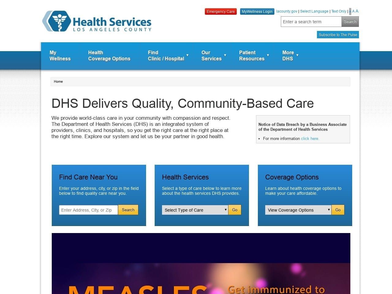 El Monte Comprehensive Health Center Website Screenshot from dhs.lacounty.gov