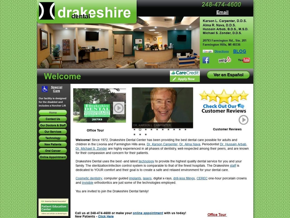 Dr. Karson L. Carpenter DDS Website Screenshot from drakeshiredental.com