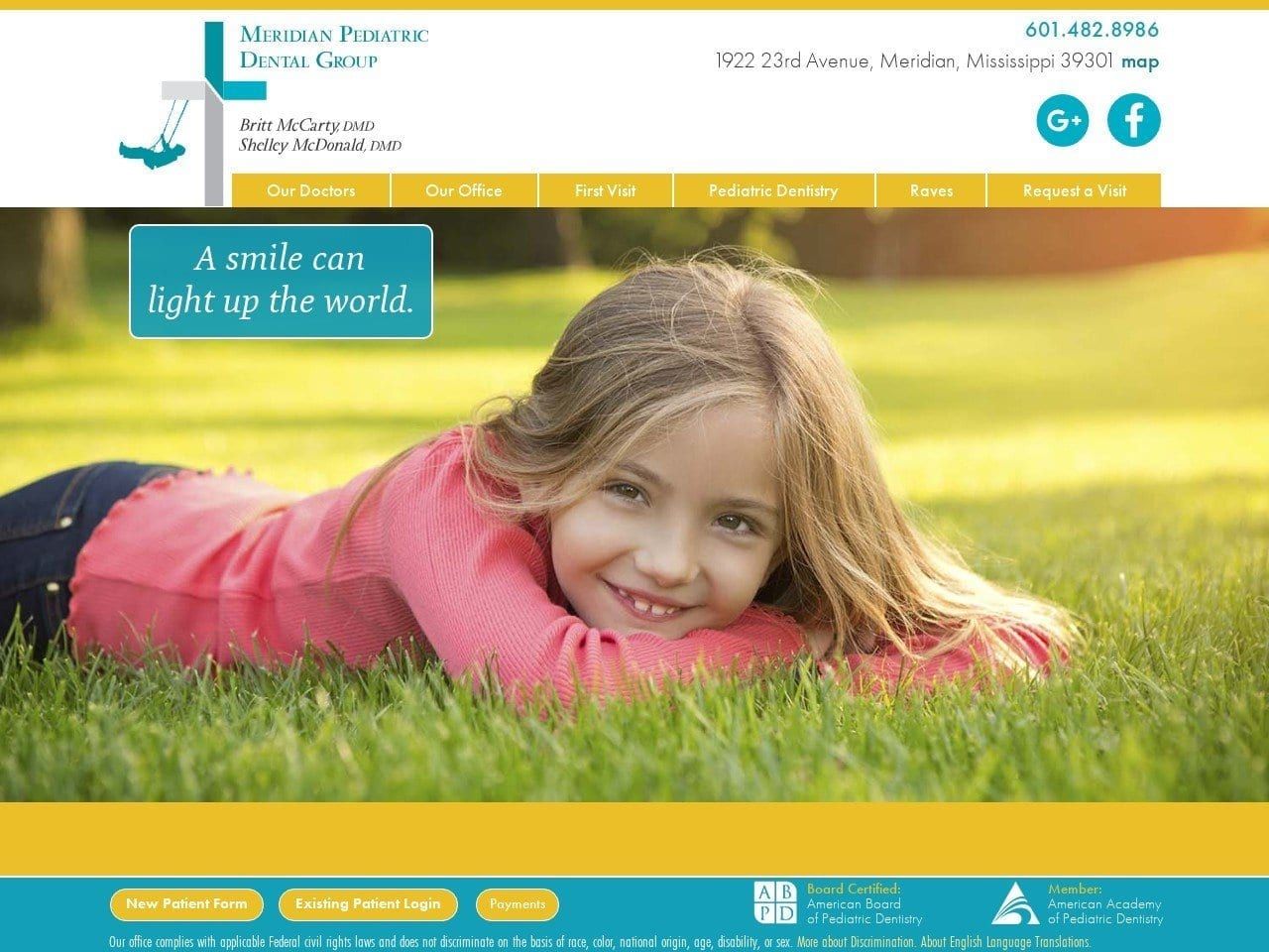 Meridian Pediatric Dental Group Website Screenshot from drbrittmccarty.com