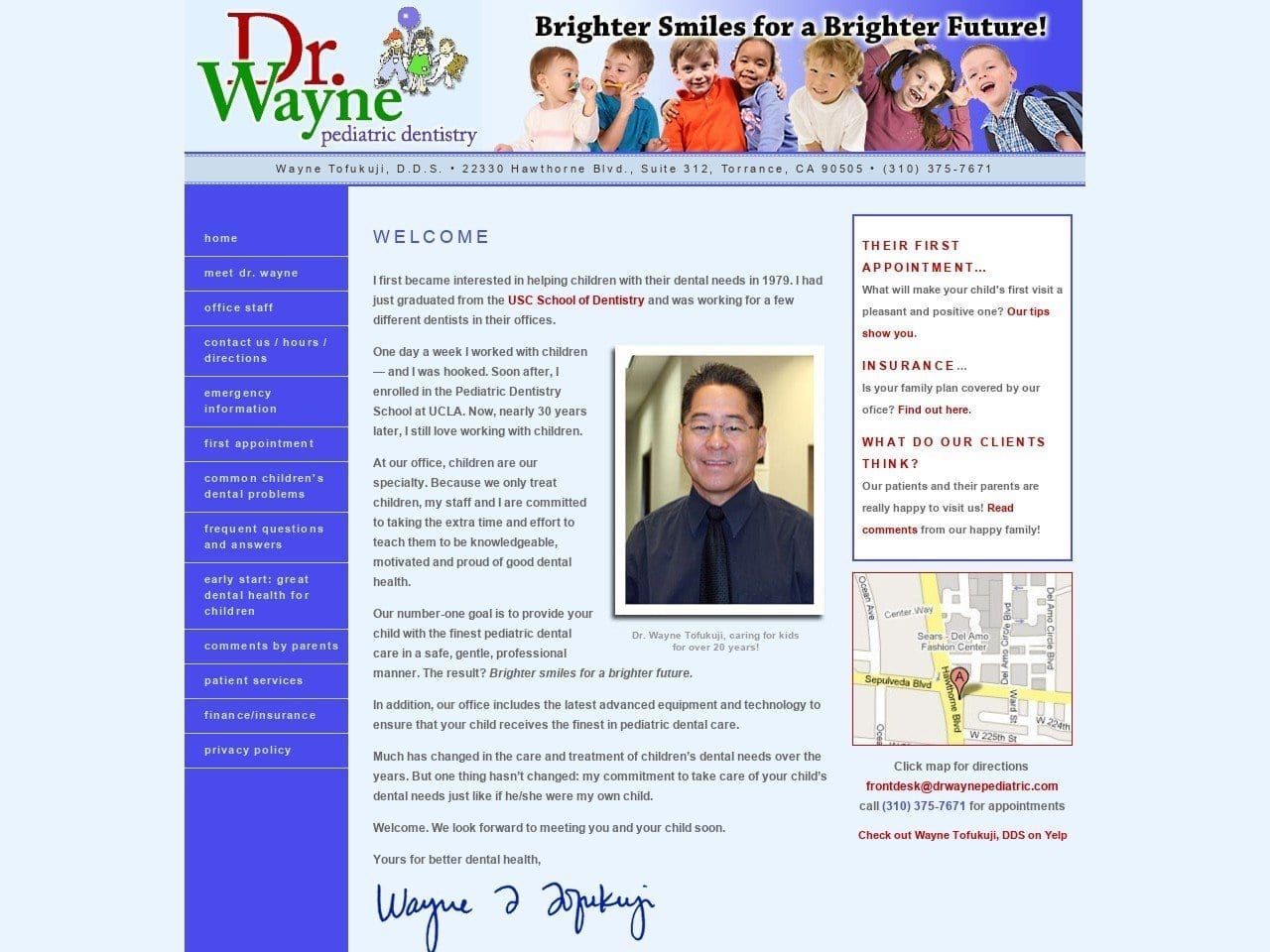 Dr. Wayne Tofukuji DDS Website Screenshot from drwaynepediatric.com