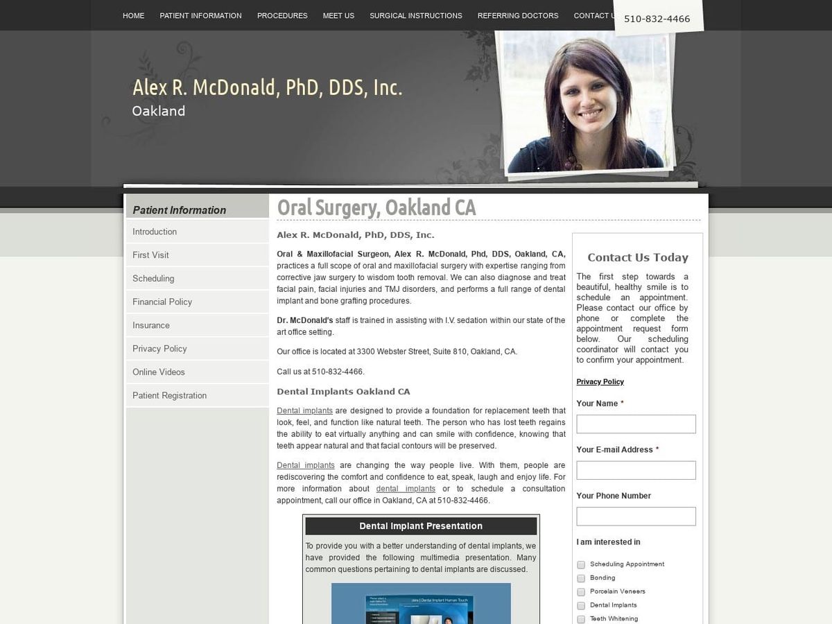 Alex McDonald PhD DDS Inc. Website Screenshot from eastbaydentalsurgery.com