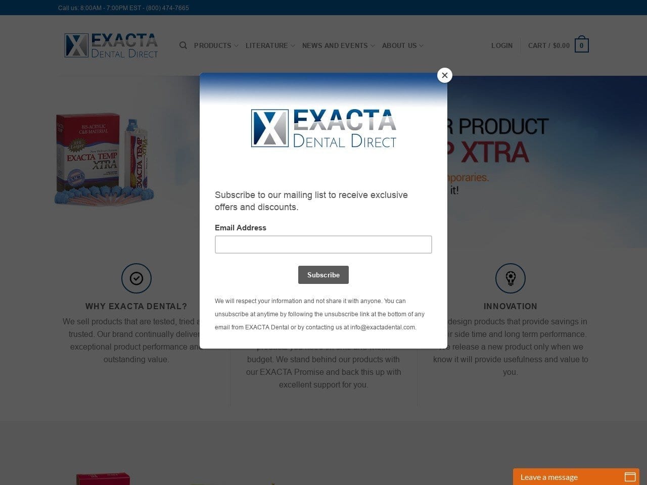 Exacta Dental Products Website Screenshot from exactadental.com