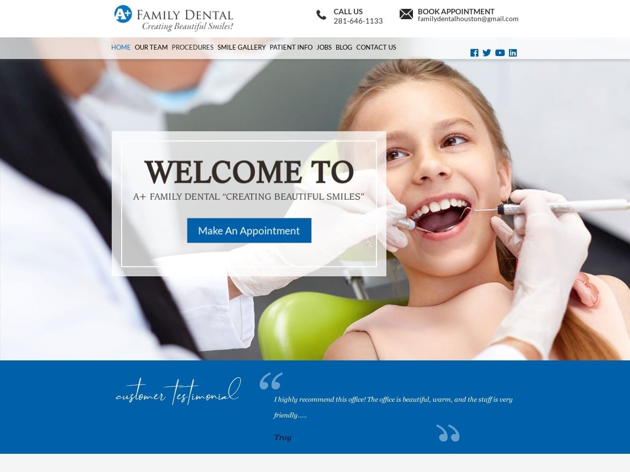 A+ Family Dental Website Screenshot from familydentalhouston.com