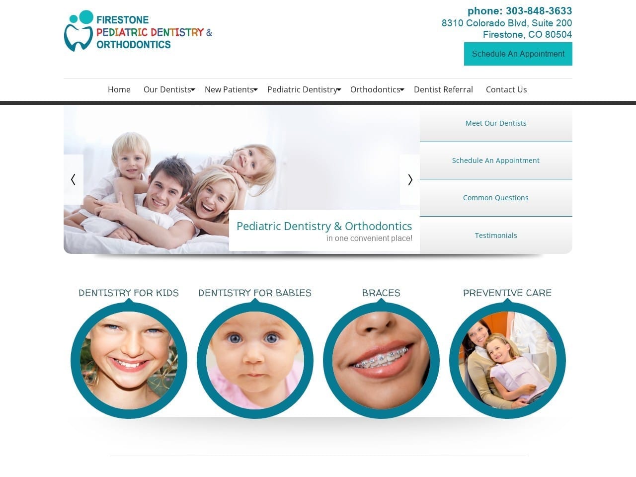 Firestone Pediatric Dentistry & Orthodontics Website Screenshot from firestoneteeth.com