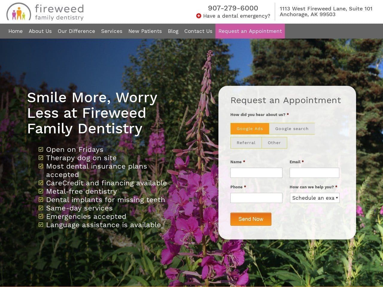 Fireweed Family Dentistry Website Screenshot from fireweeddentistry.com